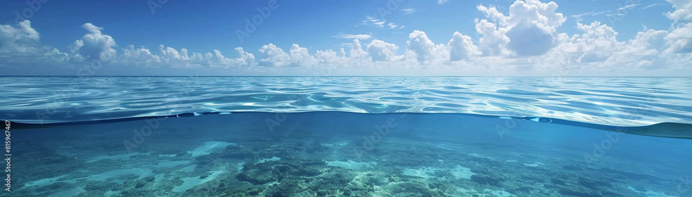 Amazing crystal clear ocean water with bright blue sky and white clouds.