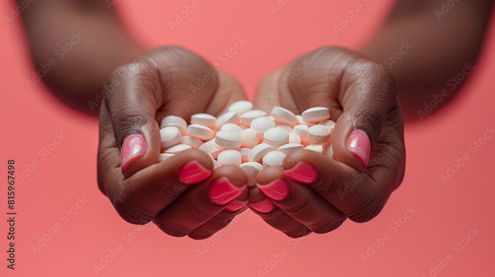 Hands holding a pile of white pills with a coral background, close-up. Hands holding a pile of white pills with a coral background, close-up.
