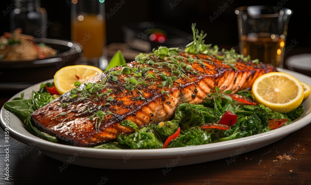 White Plate With Grilled Salmon & Salad