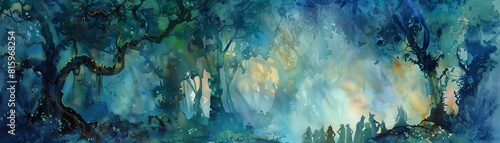 Group of elves on a magical quest through enchanted woods  depicted in vibrant watercolors to highlight their epic journey