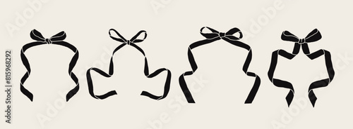 Set of various Bow knots  tie ups  gift bows. Hand drawn Vector illustration. Isolated black design elements. Wedding celebration  holiday  party decoration  gift  frame  border  present concept