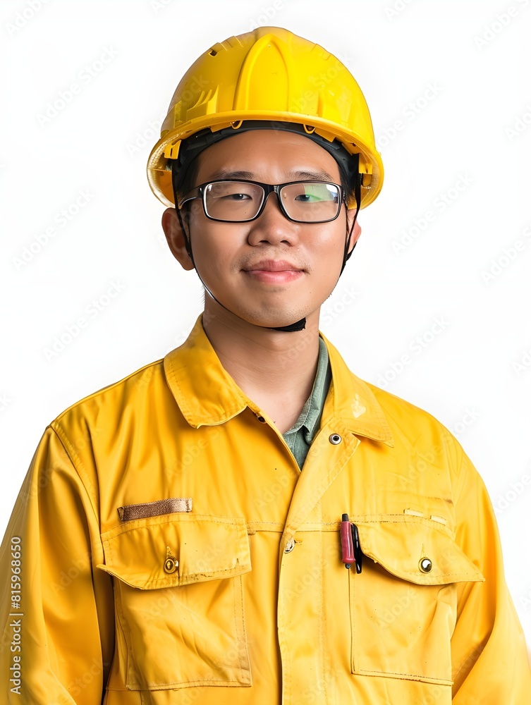 Ready for Action: Confident Asian Worker in Safety Gear Ready for Action: Confident Asian Worker in Safety Gear