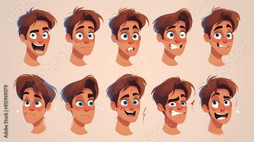 Animated cartoon face with various emotions - young guy with neutral appearance and with a sad expression, laughing and angry, embarrassed and surprised expression, winking at the camera.