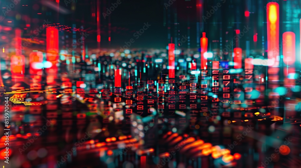 Abstract glowing big data forex candlestick chart on city backdrop. Trade, technology. AI Generative