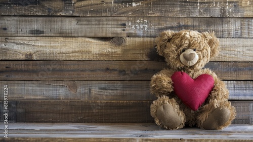 A charming image captures a Teddy bear sweetly clutching a heart shaped pillow on a rustic plank wood backdrop