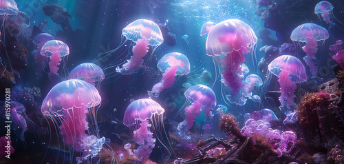 Imagine a dreamlike underwater scene with a school of fluorescent jellyfish elegantly swirling around an ancient shipwreck  depicted with intricate watercolor details
