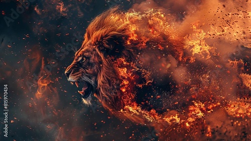 fiery lion emerging from ashes and embers blazing wildfire sovereignty climate change awareness fantasy poster