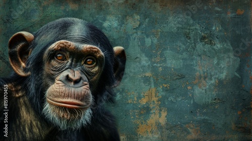 A chimpanzee stares directly at the camera with curiosity photo