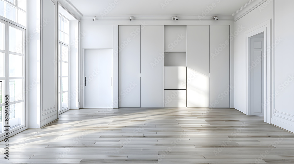 Interior of empty spacious bedroom with white walls and laminated floor and built in wardrobe : Generative AI Interior of empty spacious bedroom with white walls and laminated floor and built in wardrobe : Generative AI