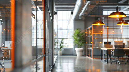 Beautiful blurred background of a modern office interior in gray tones with windows. AI Generative