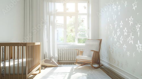 Interior of spacious nursery with wooden crib and empty chair by star wallpaper at contemporary white apartment : Generative AI