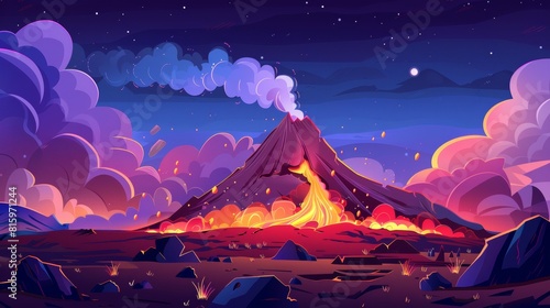 A volcano erupts on a night rocky landscape with a lava flow and steam cloud. A prehistoric natural background  alien planet  cracked desert  and prehistoric lava.