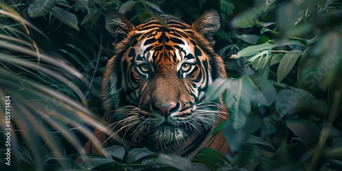 A majestic tiger  its eyes glowing with an intense focus as it slides through the dense foliage of a jungle.