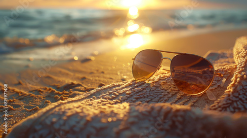Wallpaper Mural Sunglasses Resting on a Beach Towel at Sunrise, Reflecting the Warm Morning Light with Ocean Waves in the Background Torontodigital.ca