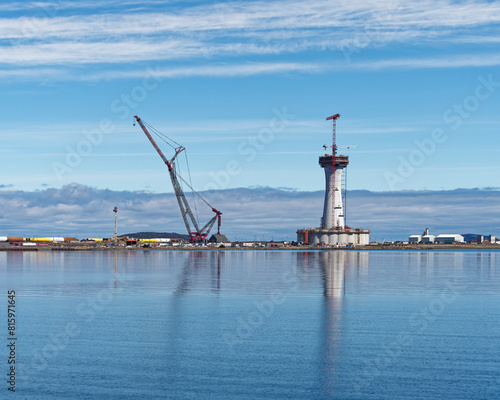 A modern gravity-based oil and gas platform under construction, Newfoundland and Labrador, Canada.