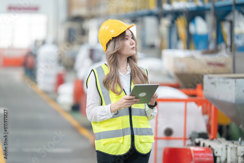 Fotografie The Asian female engineer's leadership in the industrial sector exemplified the fusion of engineering acumen and business acuity, utilizing tablet-based strategies for the company