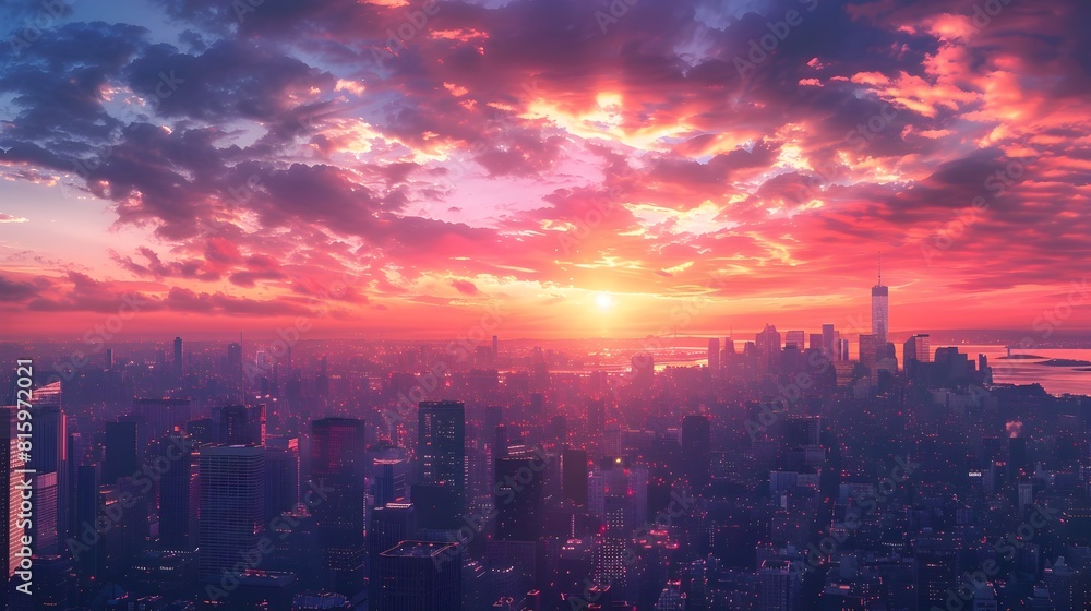 Majestic Urban Skyline at Dawn with Glowing Sky and Silhouetted Skyscrapers in a Sprawling Cityscape Majestic Urban Skyline at Dawn with Glowing Sky and Silhouetted Skyscrapers in a Sprawling Cityscape