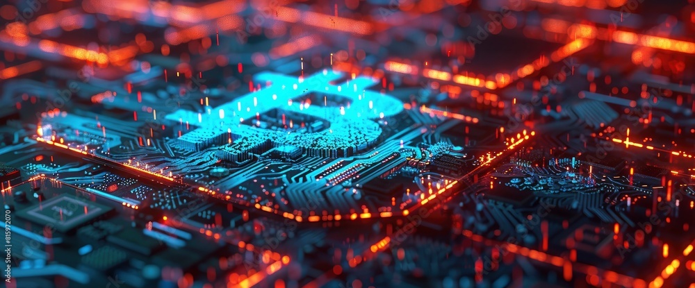 Blue Glowing Cryptocurrency Bitcoin Sign On A Motherboard With Circuitry, 3D Rendering Blue Glowing Cryptocurrency Bitcoin Sign On A Motherboard With Circuitry, 3D Rendering