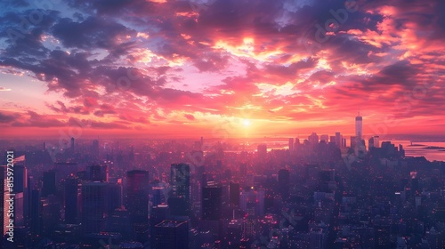 Majestic Urban Skyline at Dawn with Glowing Sky and Silhouetted Skyscrapers in a Sprawling Cityscape