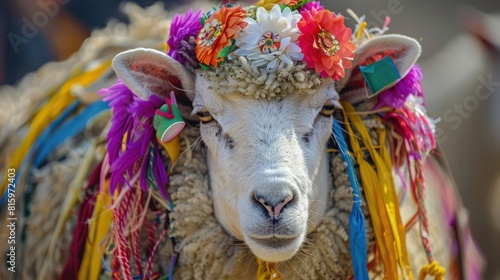 A close-up shot of a sheep adorned with colorful ribbons and decorative ornaments in preparation for Eid al-Adha celebrations.  © Borin