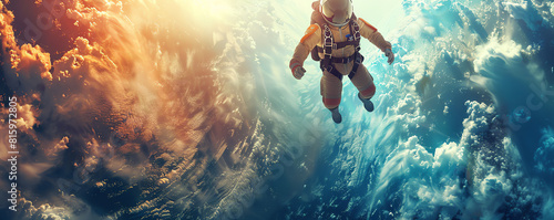 Infuse the essence of surrealism into a vivid depiction of a skydiver diving headfirst into a dreamlike landscape Utilize extreme camera angles to amplify the breathtaking sense of photo