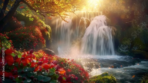 Beautiful waterfall in an autumn forest with red flowers and green grass at sunset.