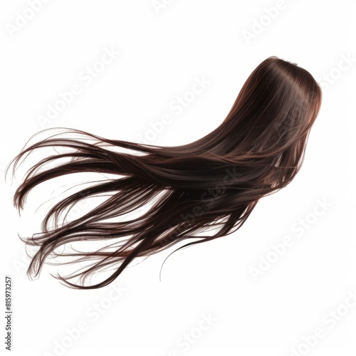 Woman with dark brown hair flowing in the wind on a white background