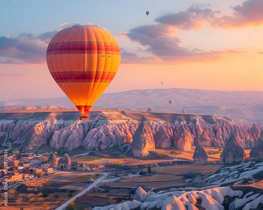 Obraz premium Stunning Hot Air Balloon Soaring Over the Otherworldly Landscapes of Cappadocia at Enchanting Sunrise