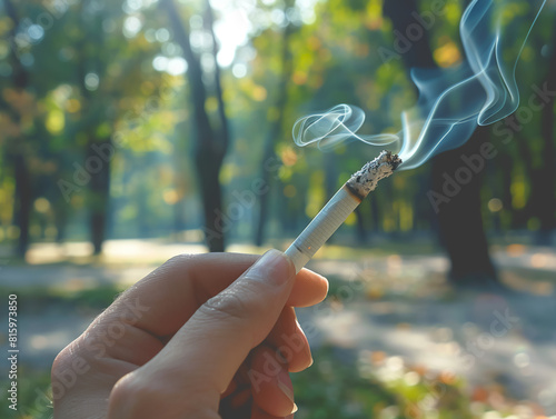 hand holding a lit cigarette in a park, smoke swirling, concept of unhealthiness, subtle color contrastsclose-up photo