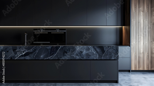 Modern minimalistic kitchen with black and wooden surfaces marble kitchen island top and household appliances Modern Concept For Interior Design And Architecture   Generative AI