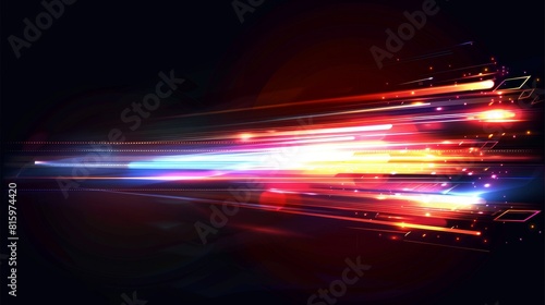 An abstract neon trail  modern communication network  motion trace  night traffic  and energy velocity are shown in this modern realistic illustration.