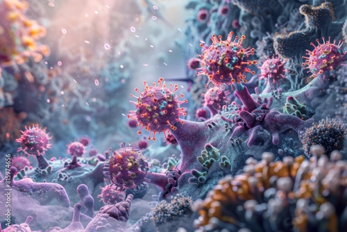 Vivid Close-Up View of Virus Particles in a Cluster Against a Blurred Background