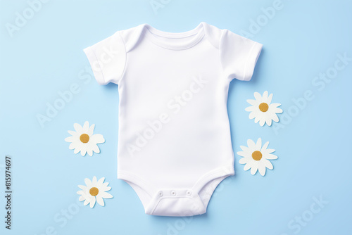 lank white cotton baby short sleeve bodysuit on pastel blue background with white flowers. Infant onesie mockup. Gender neutral newborn bodysuit template mock up photo