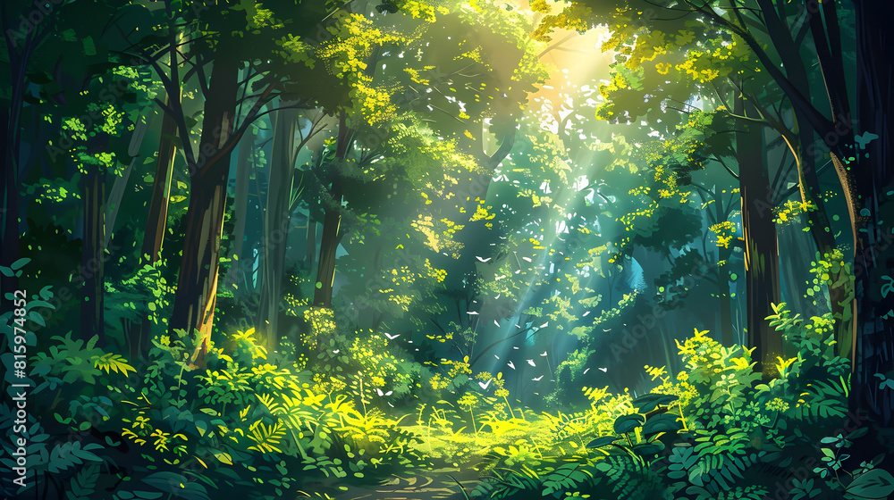 Stunning Serene Forest Landscape with Vibrant Green Foliage and Captivating Sunlight Filtering Stunning Serene Forest Landscape with Vibrant Green Foliage and Captivating Sunlight Filtering