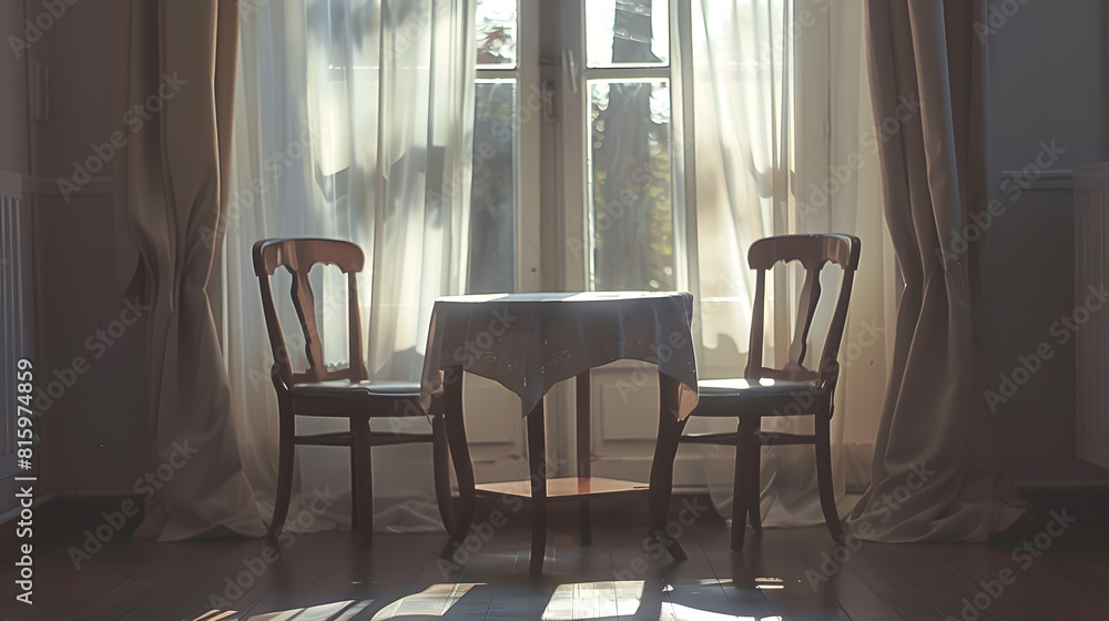 a dining room with two chairs and a small table in front of the window that looks out onto the street : Generative AI a dining room with two chairs and a small table in front of the window that looks out onto the street : Generative AI