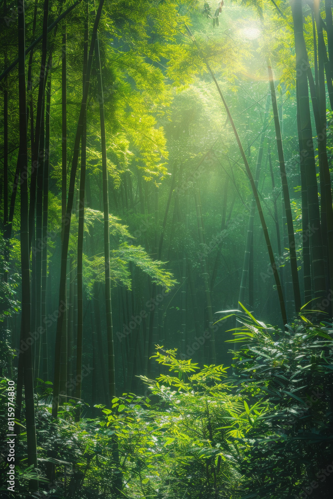 A serene bamboo forest bathed in soft sunlight, with slender bamboo stalks stretching towards the sky and lush green foliage filtering the dappled light, creating a tranquil oasis of natural beauty. A serene bamboo forest bathed in soft sunlight, with slender bamboo stalks stretching towards the sky and lush green foliage filtering the dappled light, creating a tranquil oasis of natural beauty.