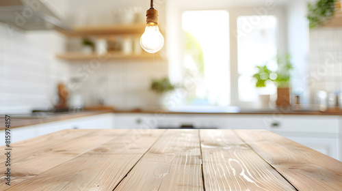Kitchen wooden table top and kitchen blur background interior style scandinavian : Generative AI photo
