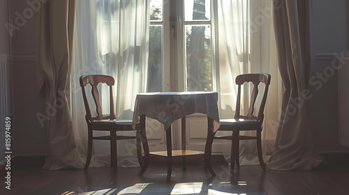 a dining room with two chairs and a small table in front of the window that looks out onto the street   Generative AI