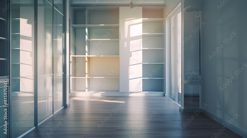 empty refurbished room in modern apartment renovated living space white cabinet with shelves glass partition door and floor with wooden laminate : Generative AI empty refurbished room in modern apartment renovated living space white cabinet with shelves glass partition door and floor with wooden laminate : Generative AI