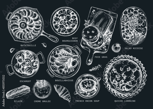 French cuisine dishes vintage drawings on chalkboard. Traditional food from France sketches set. French restaurant menu design elements. Hand-drawn food illustration, NOT AI generated