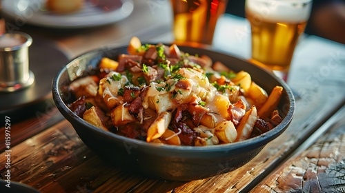 Bowl of loaded fries with meat and cheddar on top, sitting in an iron cast dish at the bar table, food photography photo