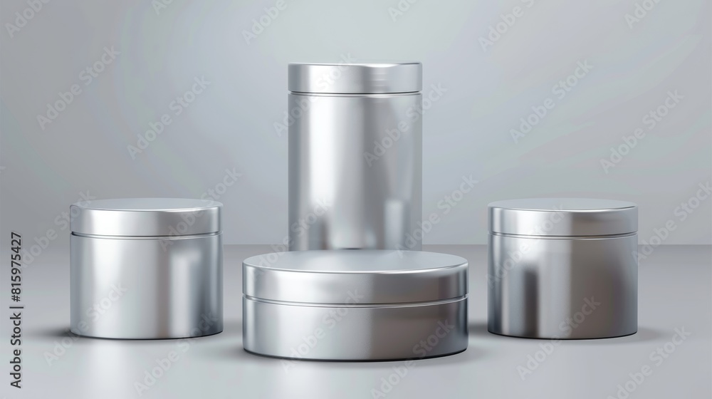 Realistic 3D modern illustration set of grey metal round stands for showcasing goods. Mockup for an award platform in geometric form. Realistic 3D modern illustration set of grey metal round stands for showcasing goods. Mockup for an award platform in geometric form.