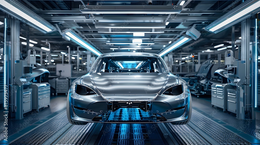 Car production line with blue car body panels on the frame of an unassembled mode Car production line with blue car body panels on the frame of an unassembled mode