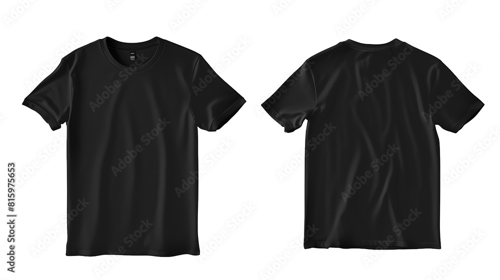 Front and back view black t-shirt mockup isolated on white background.