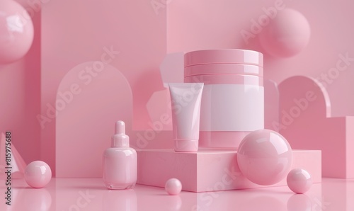 Render of simple white skincare products on pink background with geometric shapes