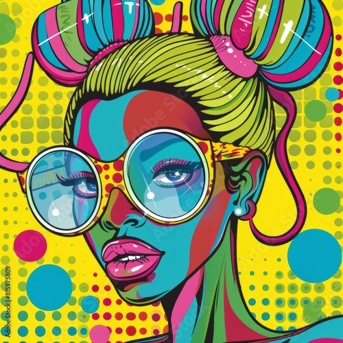 A pop art illustration of a woman wearing colorful glasses