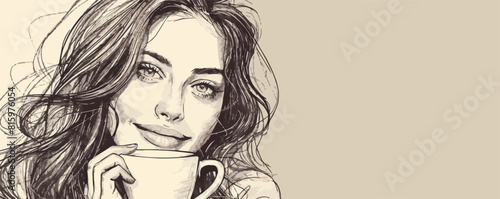 Beautiful smiling girl holding a cup of coffee retro hand drawn sketch. vector simple illustration