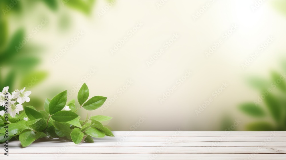 Empty of wooden table top with blurry green leaf and bokeh background. For montage product display or design key visual layouts. Empty of wooden table top with blurry green leaf and bokeh background. For montage product display or design key visual layouts.