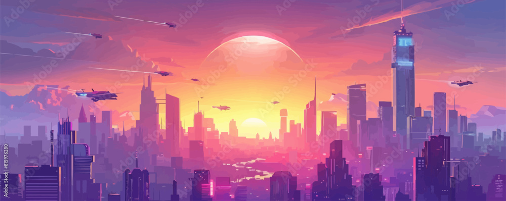 A fantastical cityscape with towering skyscrapers, neon lights, and flying cars against a futuristic skyline. Vector flat minimalistic isolated illustration