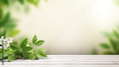 Empty of wooden table top with blurry green leaf and bokeh background. For montage product display or design key visual layouts.
